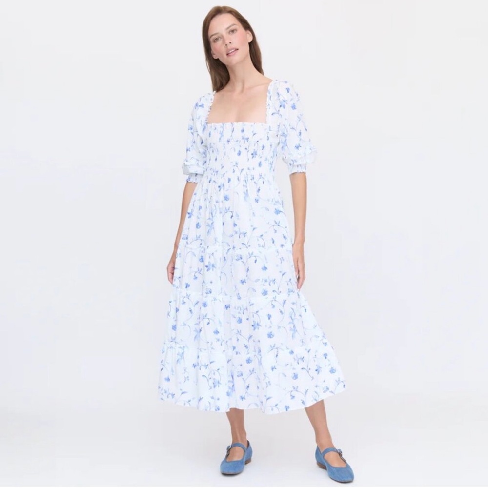 Hill House Nesli Nap Dress Puff Sleeve Midi in Blue Botanical Size Small